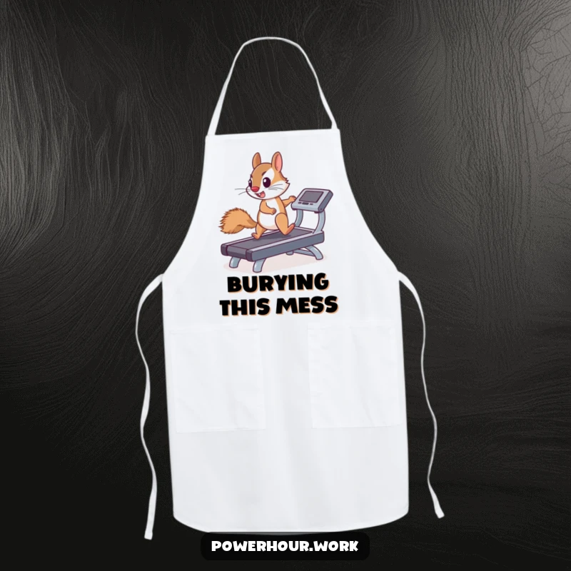 Funny apron showing a determined squirrel enthusiastically running on a miniature treadmill, adding humor to cooking tasks.