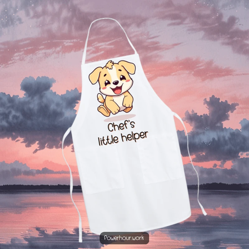 Funny energetic puppy doing a happy pounce, on a practical and fun apron.