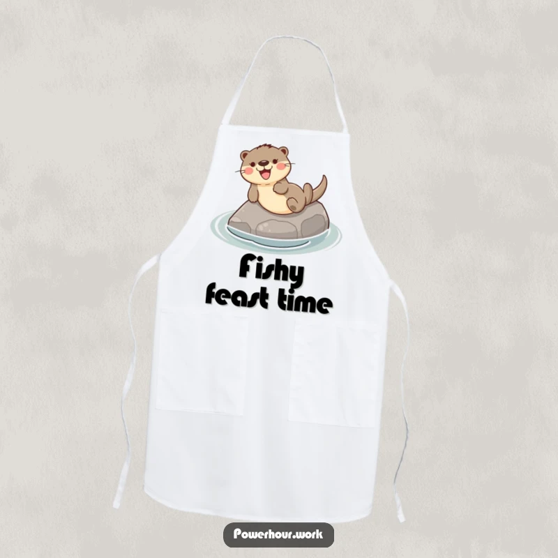Funny apron depicting a playful otter gleefully sliding down a smooth river stone, adding humor to cooking.