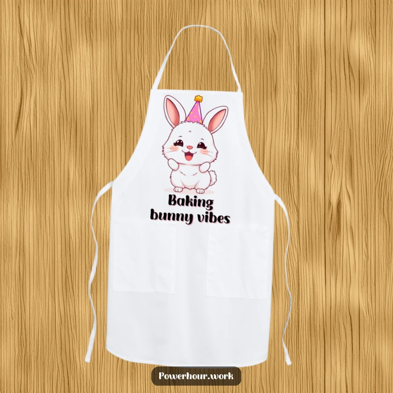 Funny fluffy bunny in a tiny party hat, enthusiastically cheering, on a practical and fun apron.