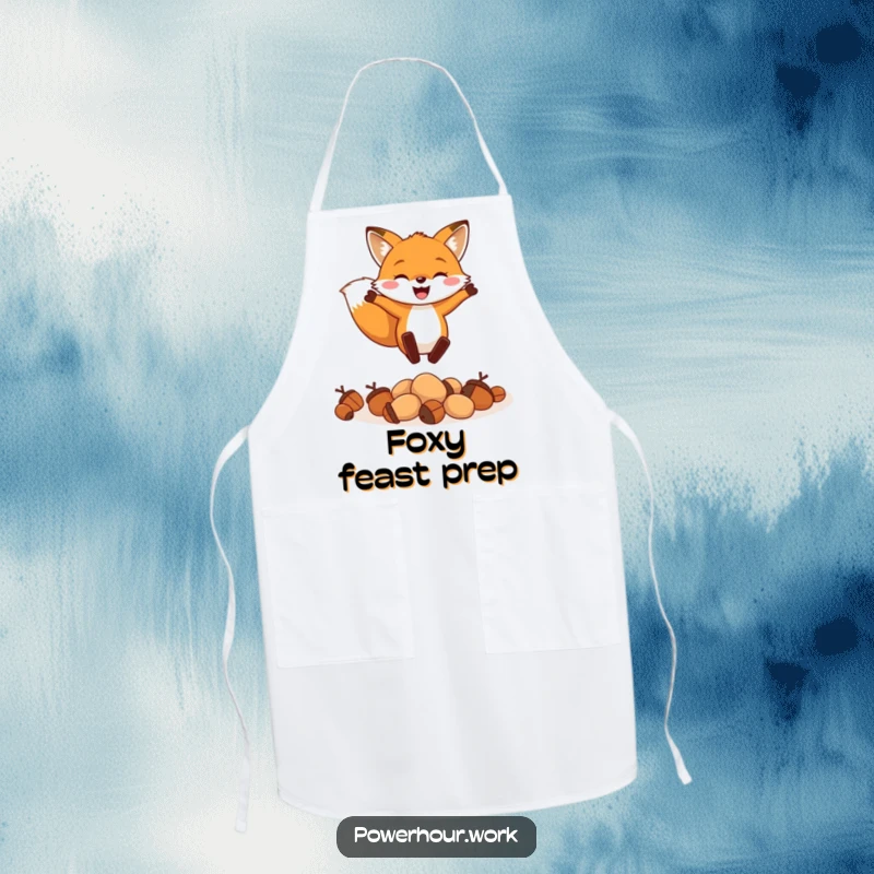 Funny apron depicting a cheerful fox enthusiastically leaping over a small pile of acorns, adding humor to cooking.