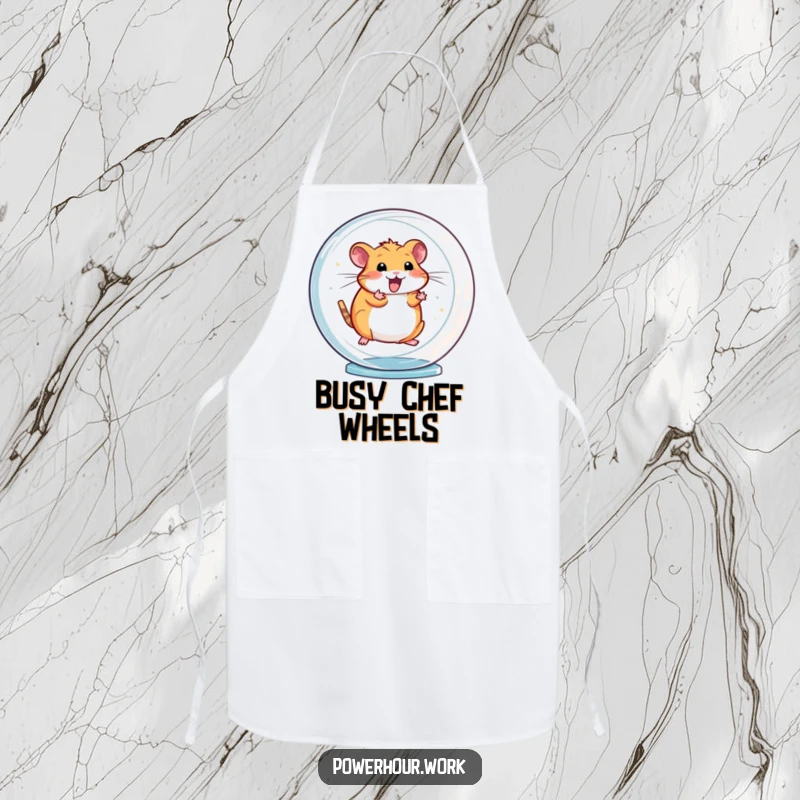 Funny apron depicting an energetic hamster spinning rapidly in a transparent wheel, adding humor to cooking.