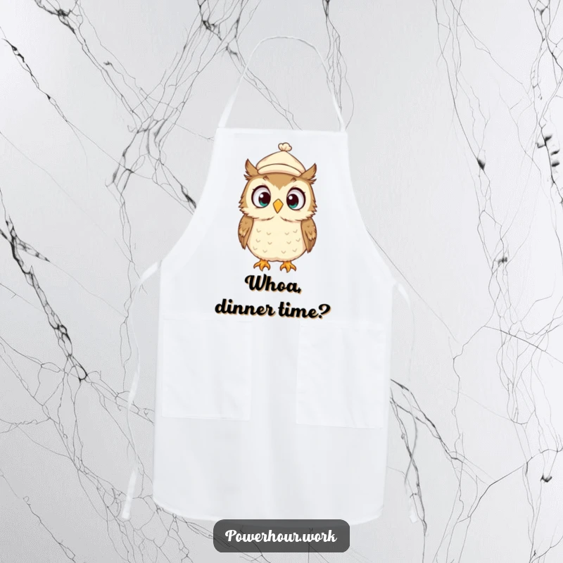 Funny Apron showcasing a surprised owl in a tiny cap, looking around wildly while cooking, adding comical surprise to the kitchen.