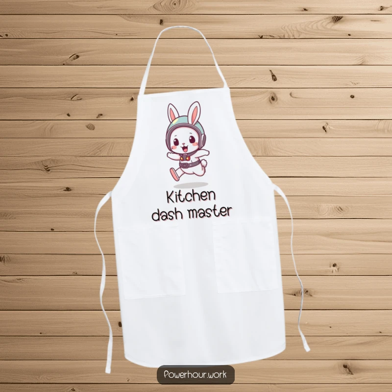 Funny Apron showcasing a bouncy rabbit in a small helmet, in a quick dash while cooking, adding energetic fun to the kitchen.