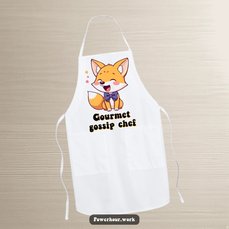 Funny Apron showcasing a giddy fox in a bowtie, excitedly chattering while cooking, adding animated fun to the kitchen.