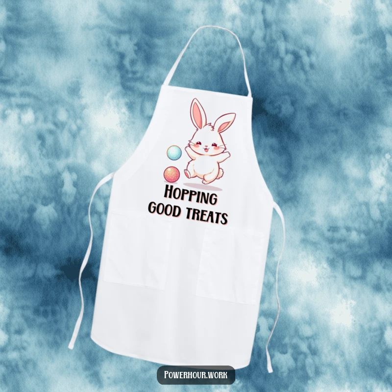 Funny apron depicting a fluffy bunny rabbit energetically bouncing a sparkly ball, adding humor to kitchen tasks.
