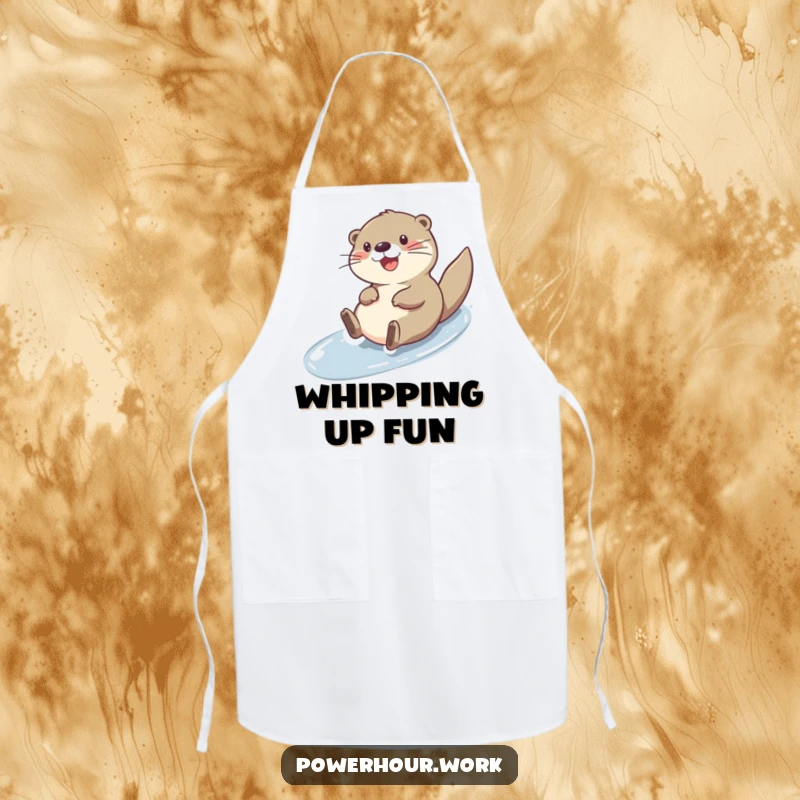 Funny cheerful otter sliding down a slick surface, on a practical and fun apron.