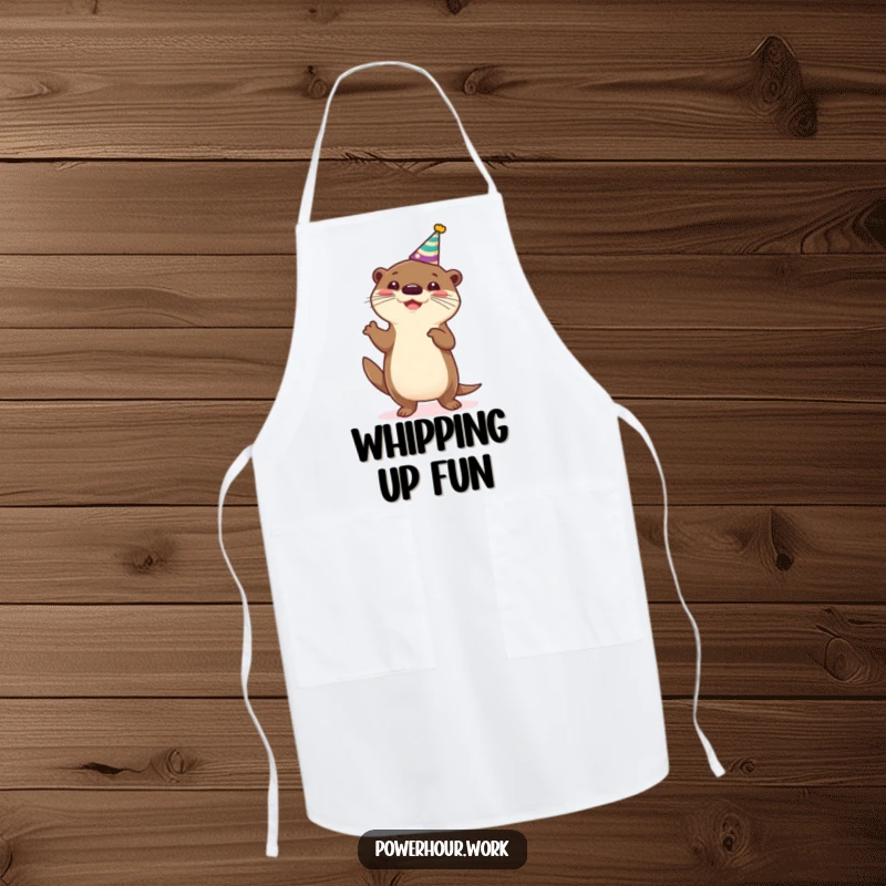 Funny Apron showcasing a cheerful otter in a party hat, doing a silly dance while cooking, adding humor to the kitchen.