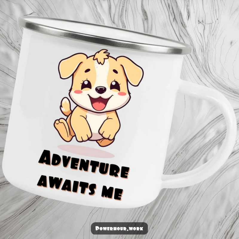 Funny energetic puppy character doing a happy pounce, on a sturdy metal camping mug.