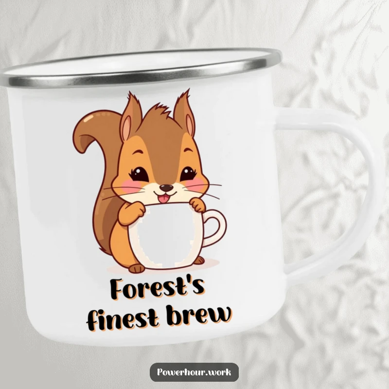 Funny playful squirrel chugging from a cup with a big smile, on a durable camping mug.