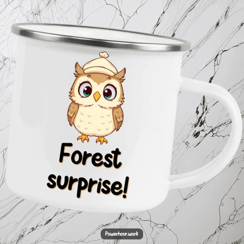Funny Camping Mug featuring a surprised owl wearing a tiny cap, looking around wildly, perfect for outdoor moments and laughs.