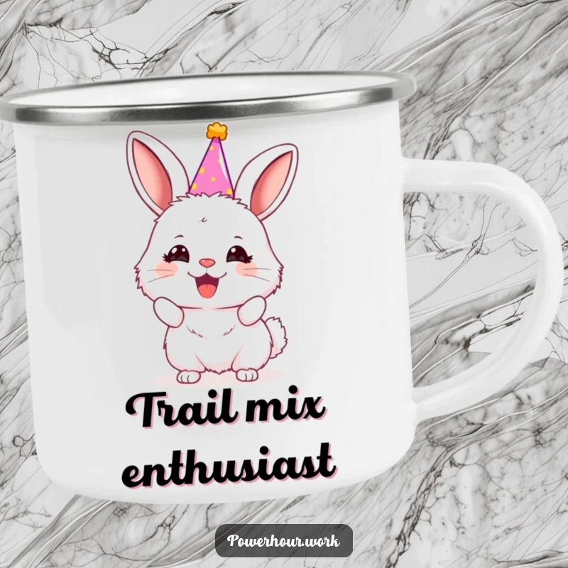 Funny fluffy bunny in a tiny party hat, enthusiastically cheering, on a sturdy metal camping mug.
