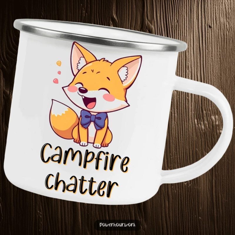 Funny Camping Mug featuring a giddy fox wearing a bowtie, excitedly chattering, perfect for outdoor moments and lively conversations.