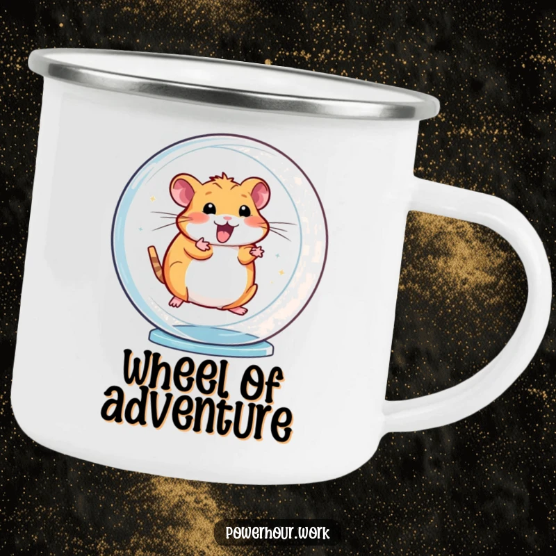 Funny camping mug featuring an energetic hamster spinning rapidly in a transparent wheel, perfect for outdoor energy boosts.