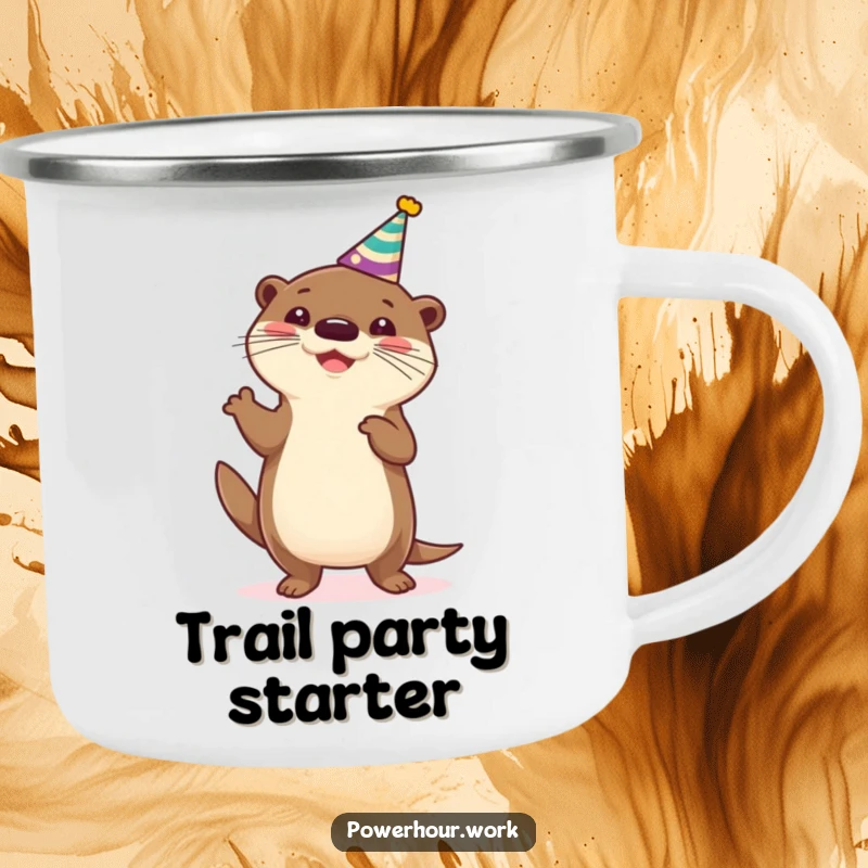 Funny Camping Mug featuring a cheerful otter in a party hat, doing a silly dance, ideal for outdoor adventures and good times.