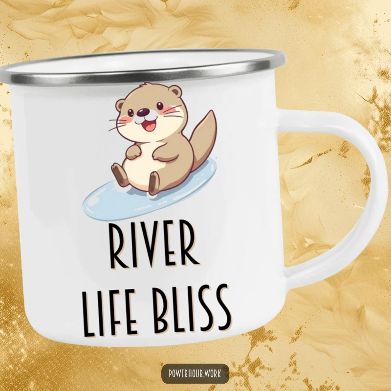 Funny cheerful otter character sliding down a slick surface, on a sturdy metal camping mug.