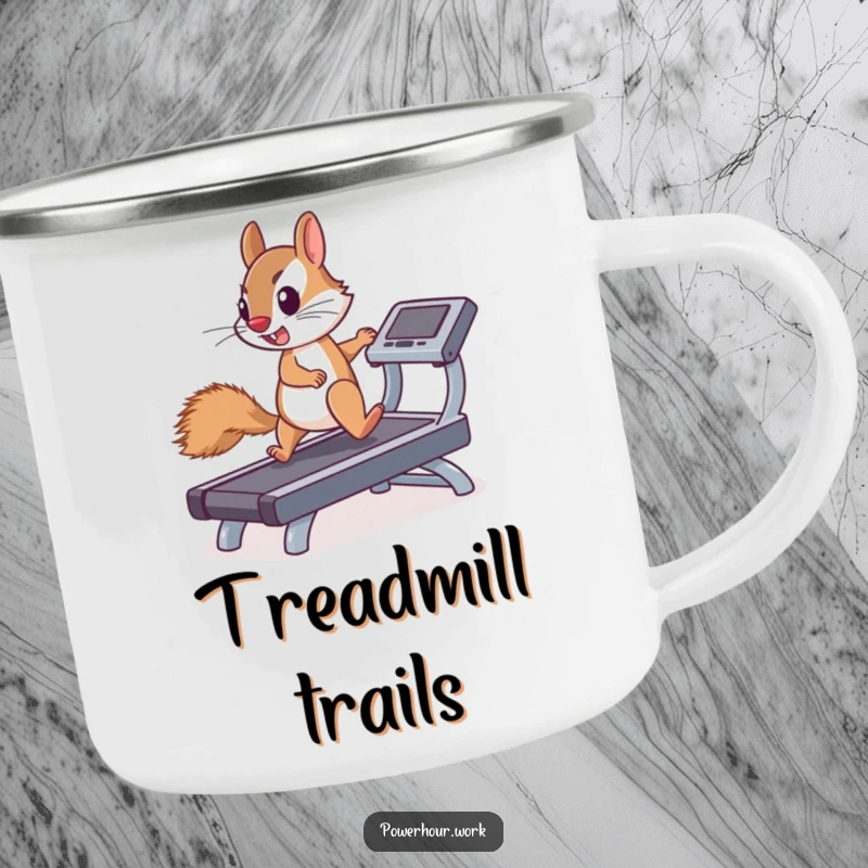 Funny camping mug depicting a determined squirrel enthusiastically running on a miniature treadmill, perfect for outdoor motivation.