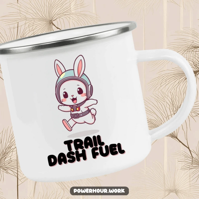Funny Camping Mug featuring a bouncy rabbit wearing a small helmet, in a quick dash, perfect for outdoor moments and speed.
