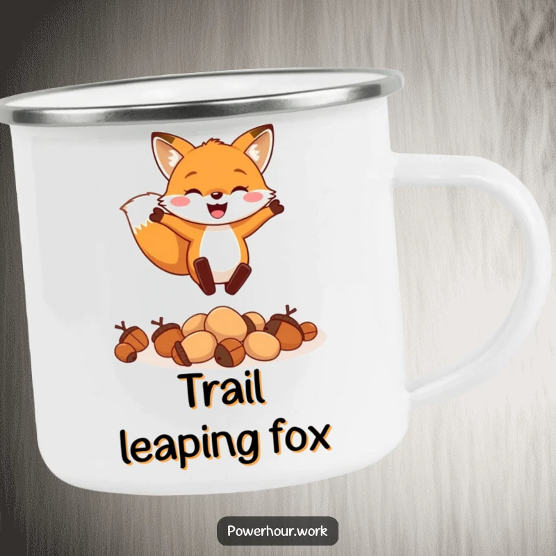 Funny camping mug featuring a cheerful fox enthusiastically leaping over a small pile of acorns, perfect for outdoor enjoyment.