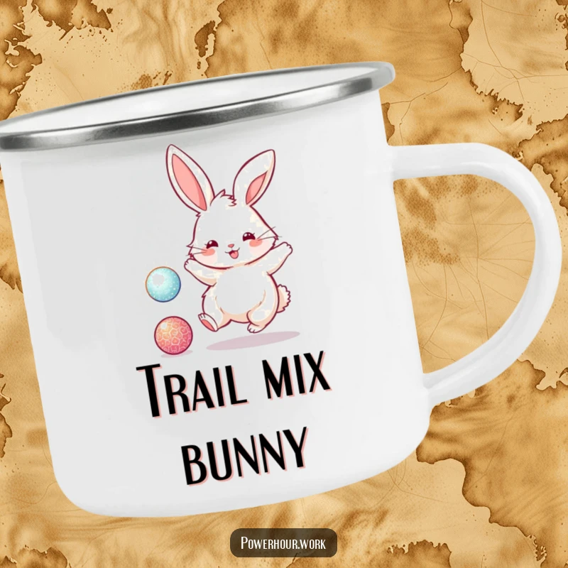 Funny camping mug featuring a fluffy bunny rabbit energetically bouncing a sparkly ball, ideal for rugged adventures and joyful sips.