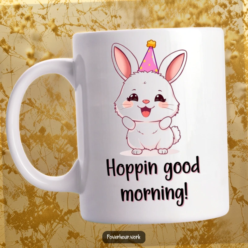 Funny bunny in a tiny party hat, enthusiastically cheering with a big smile, perfect for a joyful morning coffee mug.