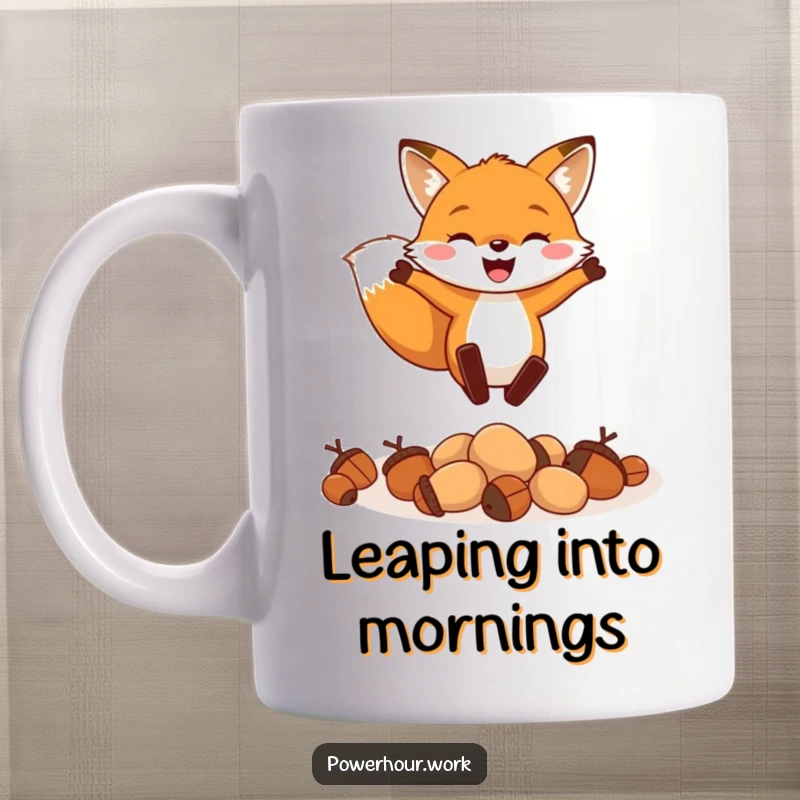 Funny mug featuring a cheerful fox enthusiastically leaping over a small pile of acorns, radiating happiness and agility.