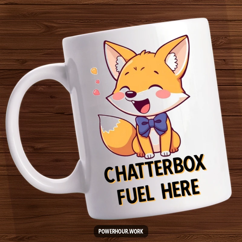 Funny Mug featuring a giddy fox wearing a bowtie, excitedly chattering with a bright smile, radiating pure, infectious enthusiasm.