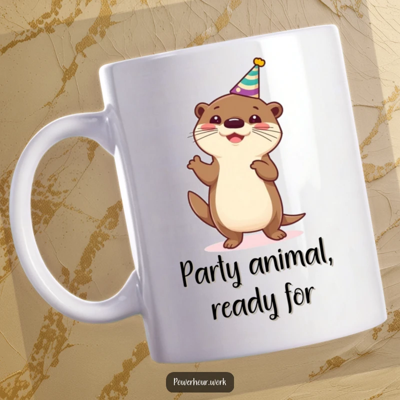 Funny Mug featuring a cheerful otter in a party hat, joyfully performing a silly dance, radiating pure, unadulterated fun.
