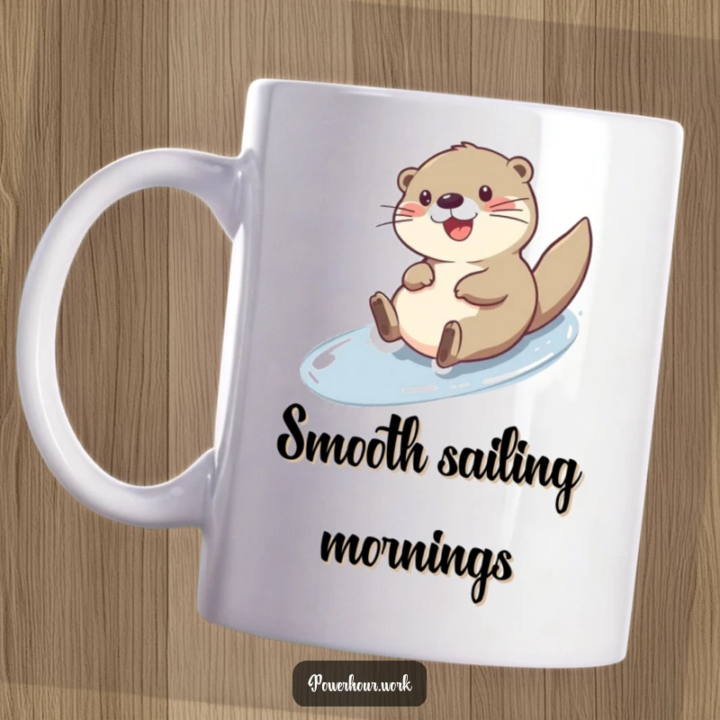 Funny cheerful otter character joyfully sliding down a slick surface, on a humorous coffee mug.