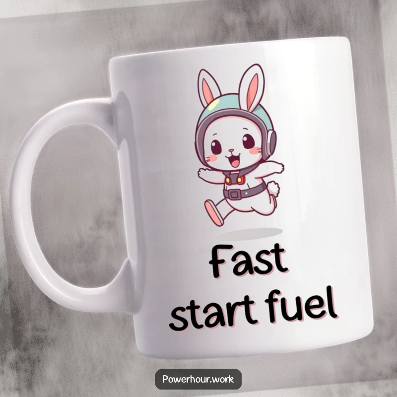 Funny Mug featuring a bouncy rabbit wearing a small helmet, in a quick dash, radiating speed and playful determination.