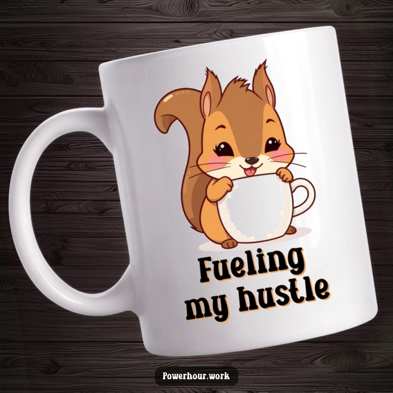 Funny playful squirrel with a big smile, chugging from a small cup, on a humorous coffee mug.