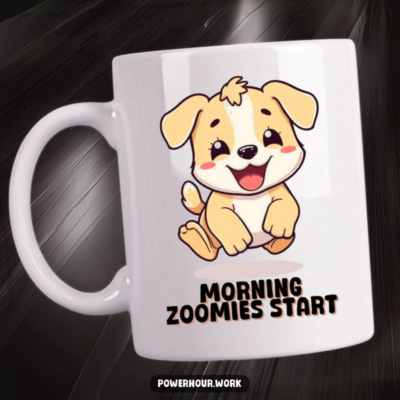 Funny energetic puppy character joyfully doing a happy pounce, on a delightful coffee mug.