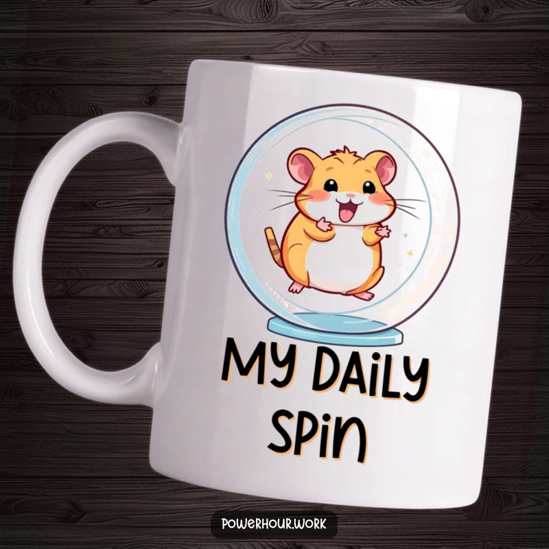 Funny mug featuring an energetic hamster spinning rapidly in a transparent wheel, symbolizing constant motion and a busy lifestyle.