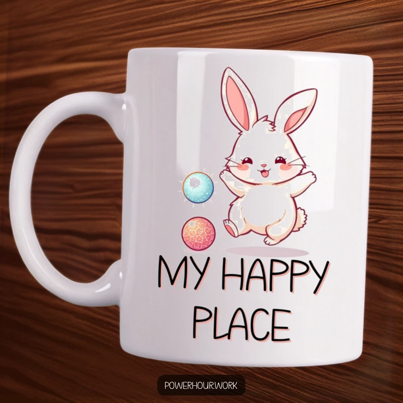 Funny mug featuring a fluffy bunny rabbit energetically bouncing a sparkly ball, radiating pure joy and playful spirit.