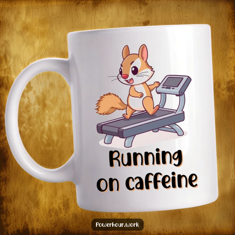 Funny mug featuring a determined squirrel enthusiastically running on a miniature treadmill, symbolizing dedication and energy.