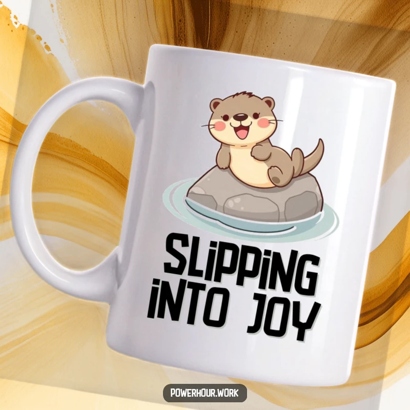 Funny mug featuring a playful otter gleefully sliding down a smooth river stone, embodying pure joy and carefree fun.