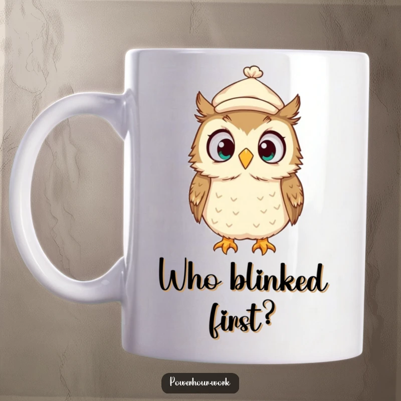 Funny Mug featuring a surprised owl wearing a tiny cap, looking around wildly with wide eyes, capturing a moment of comical shock.
