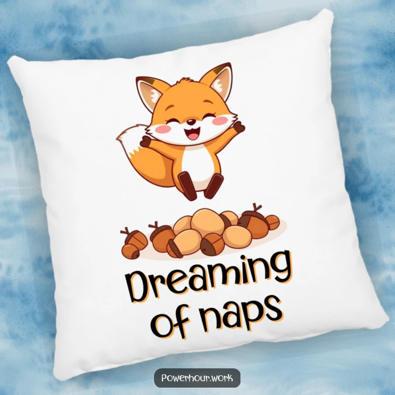 Funny pillow featuring a cheerful fox enthusiastically leaping over a small pile of acorns, offering soft comfort and vibrant joy.