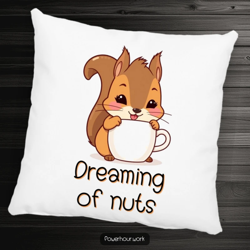 Funny squirrel smiling while enjoying a drink, on a soft and decorative pillow.