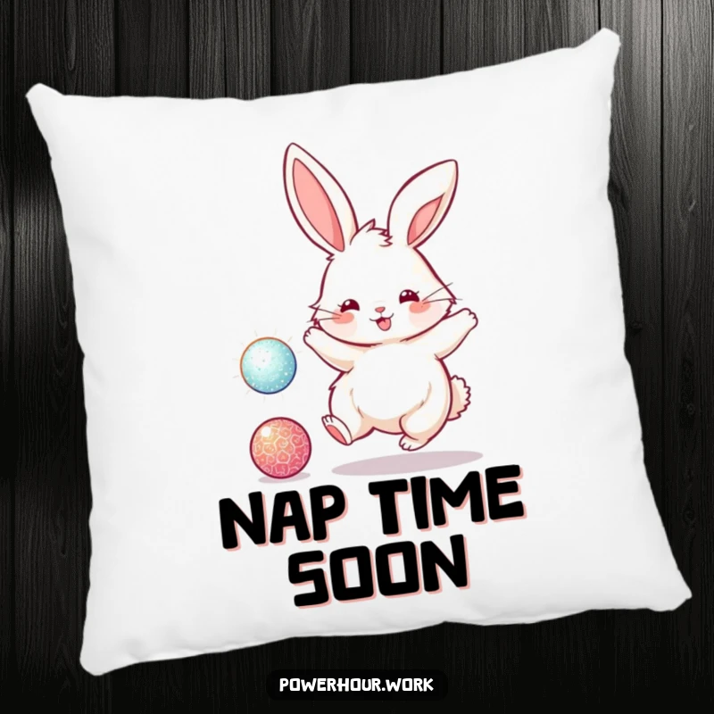 Funny pillow featuring a fluffy bunny rabbit energetically bouncing a sparkly ball, offering a soft touch of playful joy.