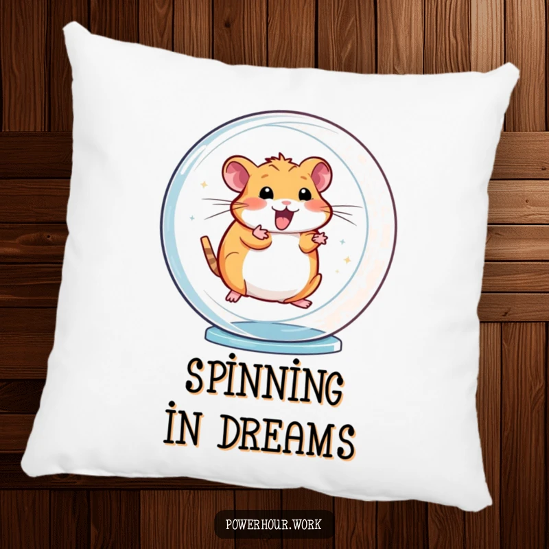 Funny pillow featuring an energetic hamster spinning rapidly in a transparent wheel, offering soft comfort and a touch of fun.