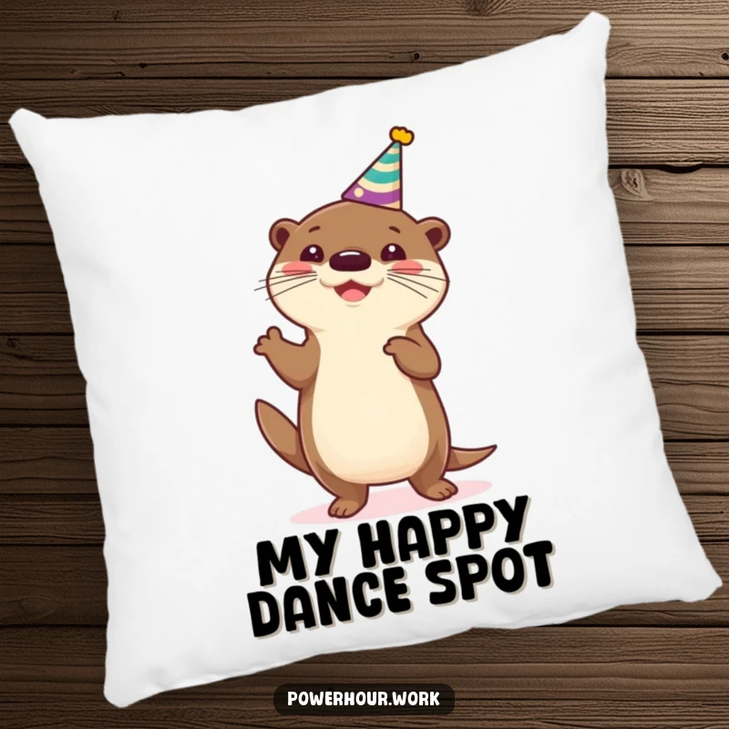 Funny Pillow featuring a cheerful otter in a party hat, joyfully dancing, offering plush comfort and a humorous visual.