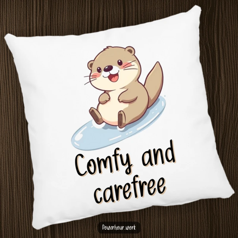 Funny cheerful otter character sliding down a slick surface, on a soft and decorative pillow.
