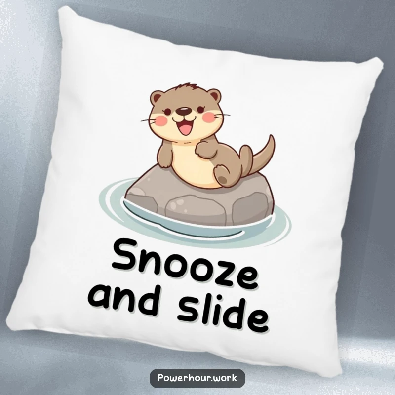 Funny pillow featuring a playful otter gleefully sliding down a smooth river stone, offering soft comfort and aquatic fun.