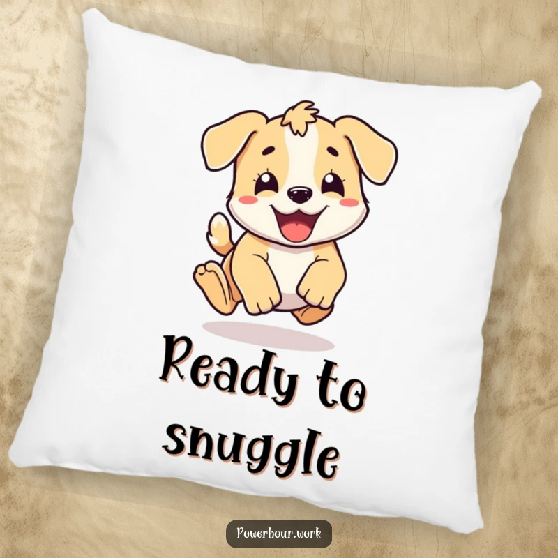 Funny energetic puppy character doing a happy pounce, on a soft and decorative pillow.