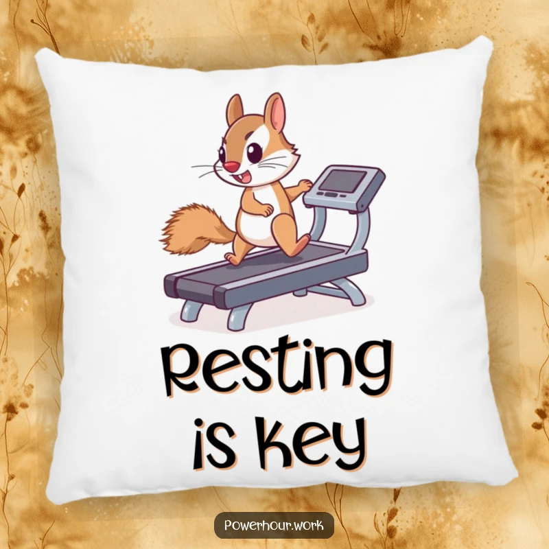 Funny pillow with a determined squirrel enthusiastically running on a miniature treadmill, providing comfort and inspiration.