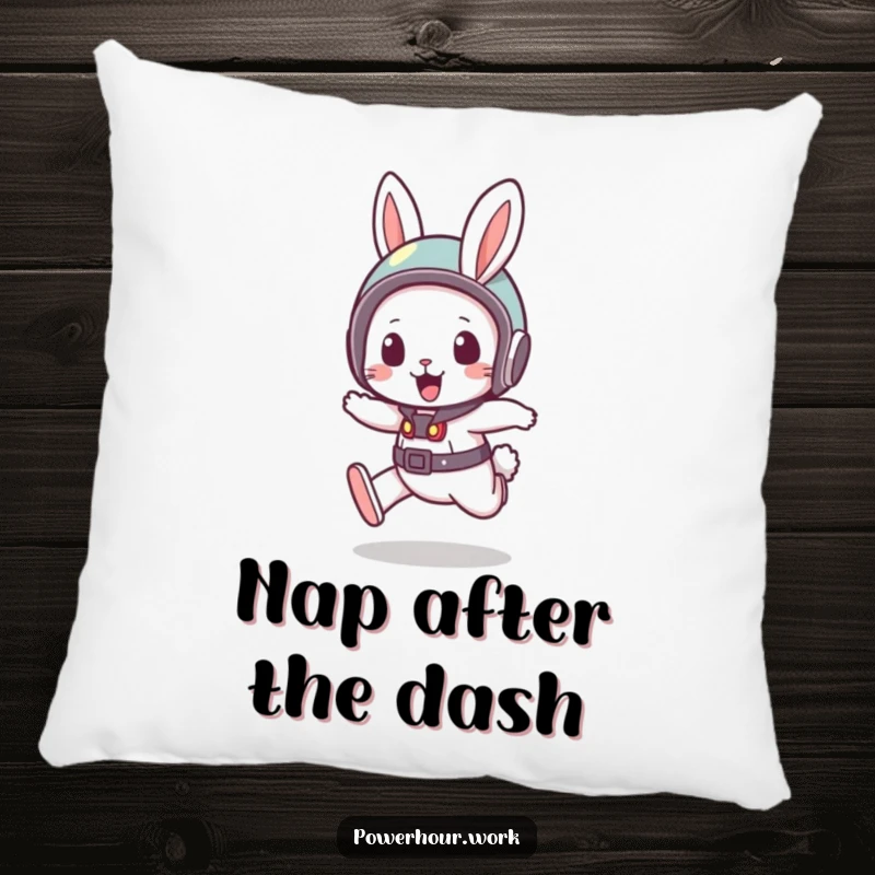 Funny Pillow featuring a bouncy rabbit in a small helmet, in a quick dash, offering plush comfort and a spirited visual.