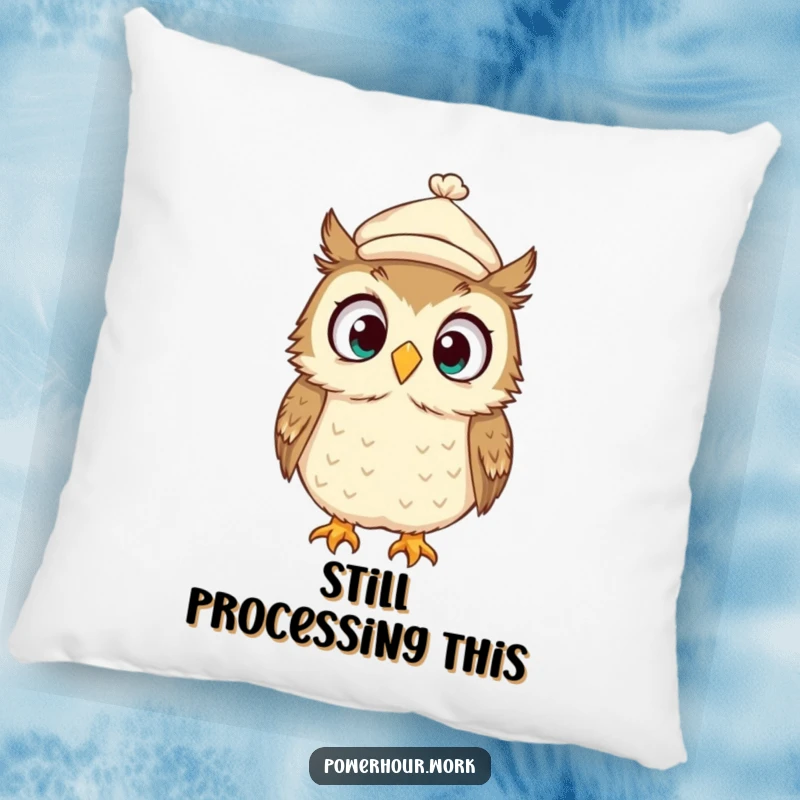 Funny Pillow featuring a surprised owl wearing a tiny cap, looking around wildly, offering plush comfort and a humorous visual.