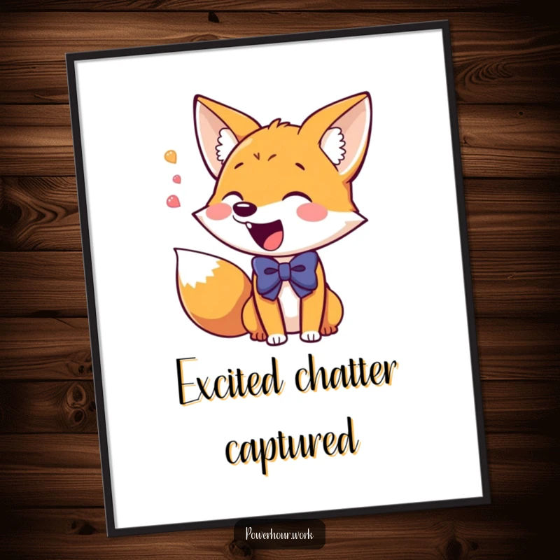 Funny Digital Art Print of a giddy fox in a bowtie, excitedly chattering, bringing instant vibrant energy and humor.
