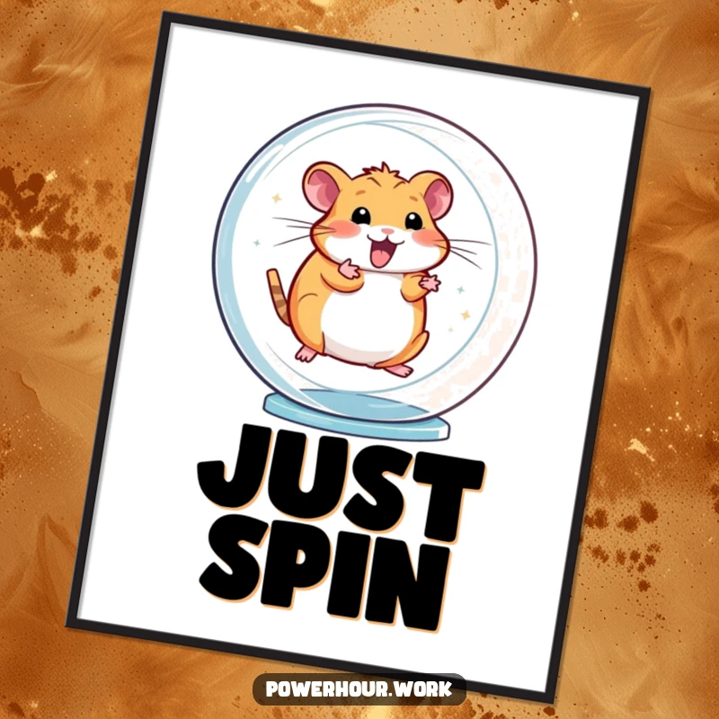 Funny digital art print of an energetic hamster spinning rapidly in a transparent wheel, capturing dynamic, rapid movement.
